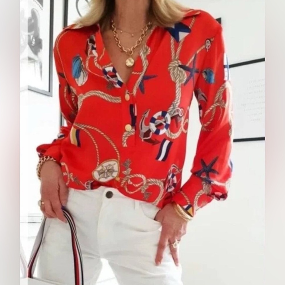 Zara Nautical Print Long Sleeve Satin Blouse